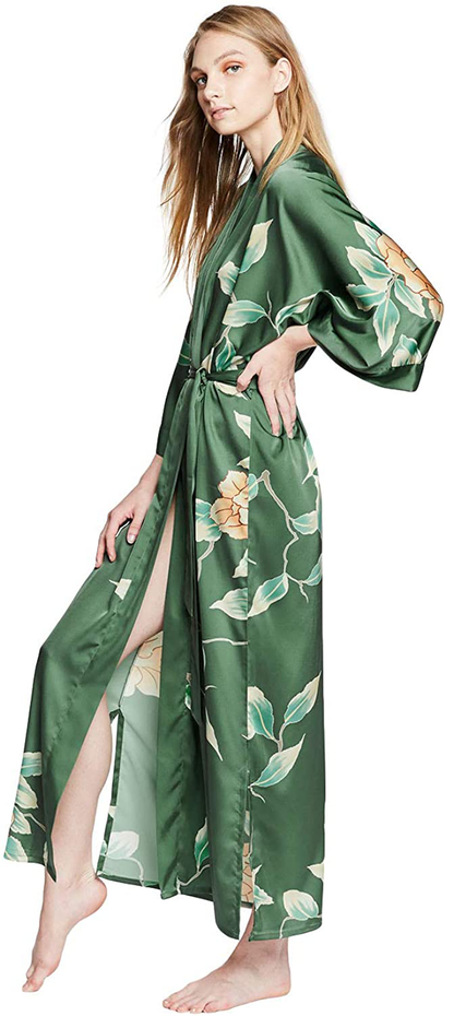 KIM+ONO Women'S Charmeuse Kimono Robe Long - Watercolor Floral Apparel & Accessories > Clothing > Sleepwear & Loungewear > Robes KIM+ONO Aimi - Forest  