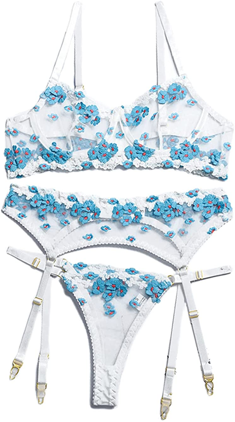 Kaei&Shi Embroidered Applique Lace Lingerie,Underwire Mesh Sheer Honeymoon Matching 3 Piece Lingerie Set Apparel & Accessories > Clothing > Underwear & Socks > Lingerie Kaei&Shi Lake Blue 10-12 