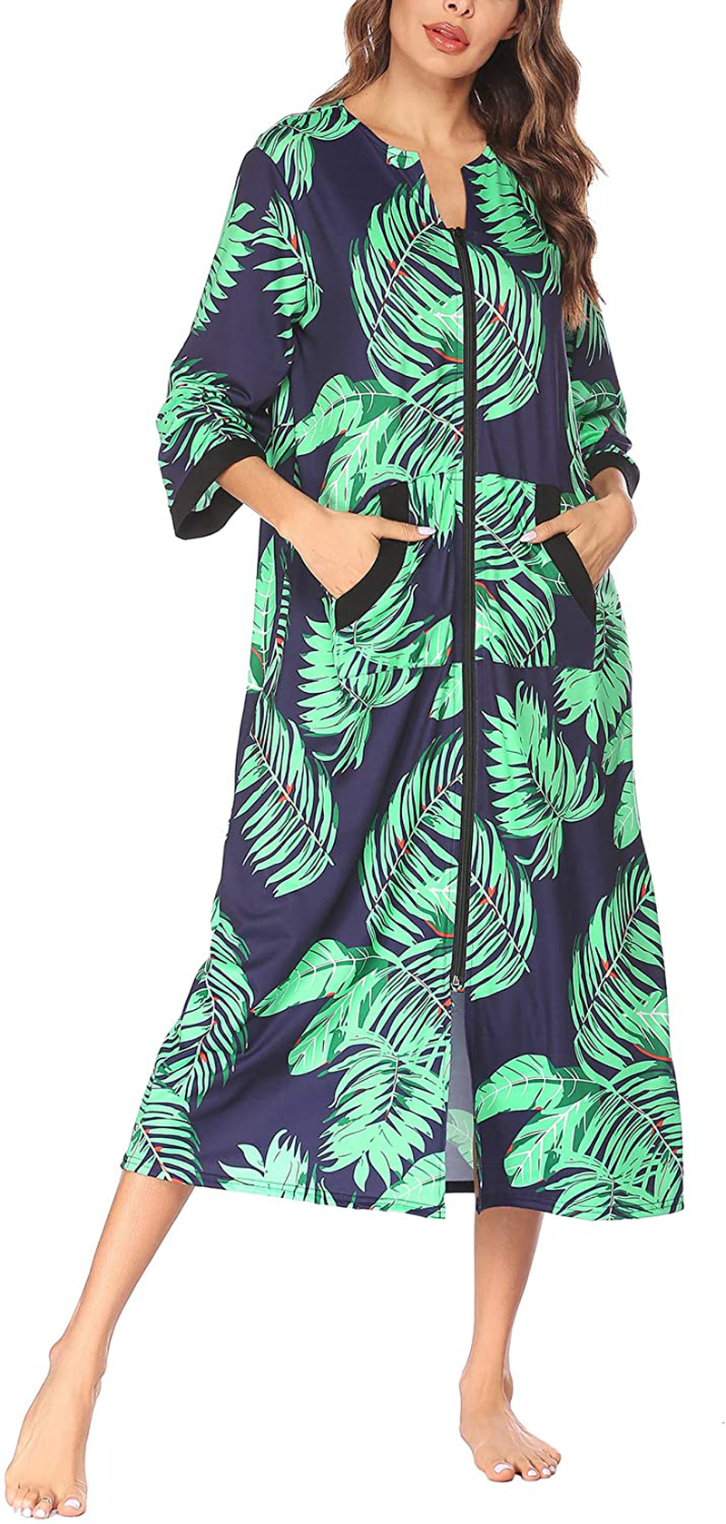 Ekouaer Women Zipper Robe 3/4 Sleeves Loungewear Full Length Sleepwear Pockets Housecoat Long Soft Bathrobe Apparel & Accessories > Clothing > Sleepwear & Loungewear > Robes Ekouaer Style 1-pat3 3X-Large 