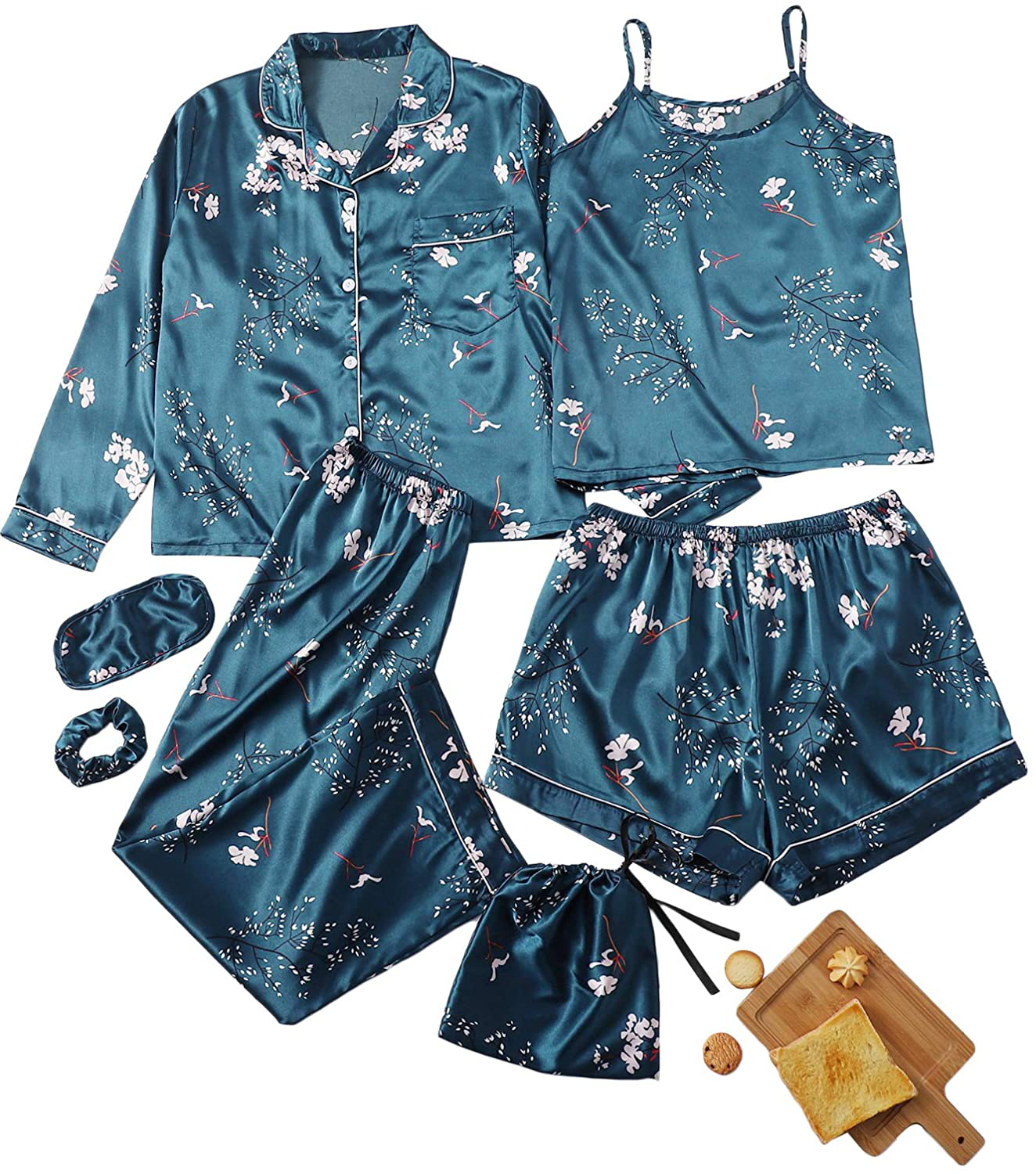 Shein Women'S 7Pcs Printed Cami and Shorts Satin Pajama Set with Shirt and Eye Mask Apparel & Accessories > Clothing > Sleepwear & Loungewear Kylie Max   