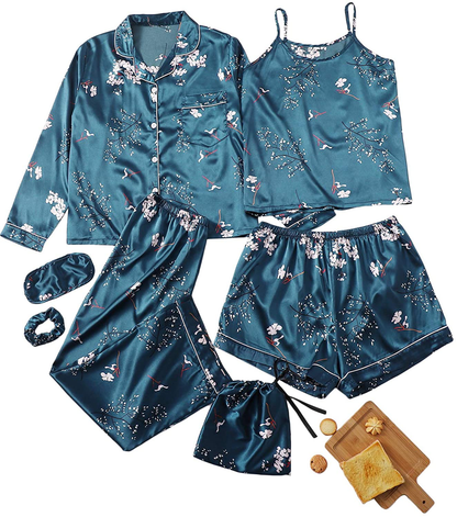 Shein Women'S 7Pcs Printed Cami and Shorts Satin Pajama Set with Shirt and Eye Mask Apparel & Accessories > Clothing > Sleepwear & Loungewear Kylie Max   