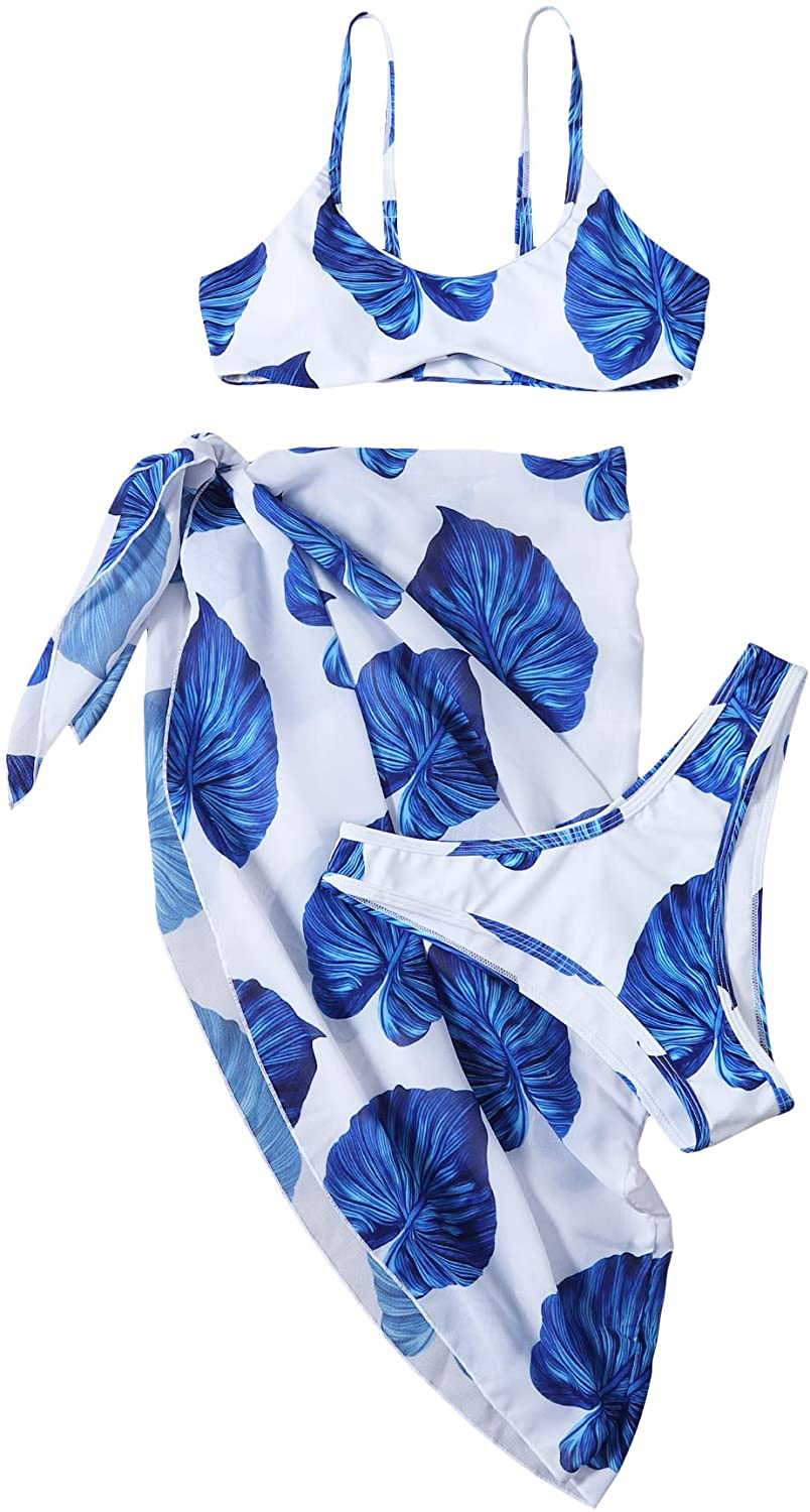 SOLY HUX Women's Wrap Triangle Bikini Bathing Suits with Mesh Beach Skirt 3 Piece Swimsuits Apparel & Accessories > Clothing > Swimwear KYLIE MAX White Blue Leaf Print Medium 