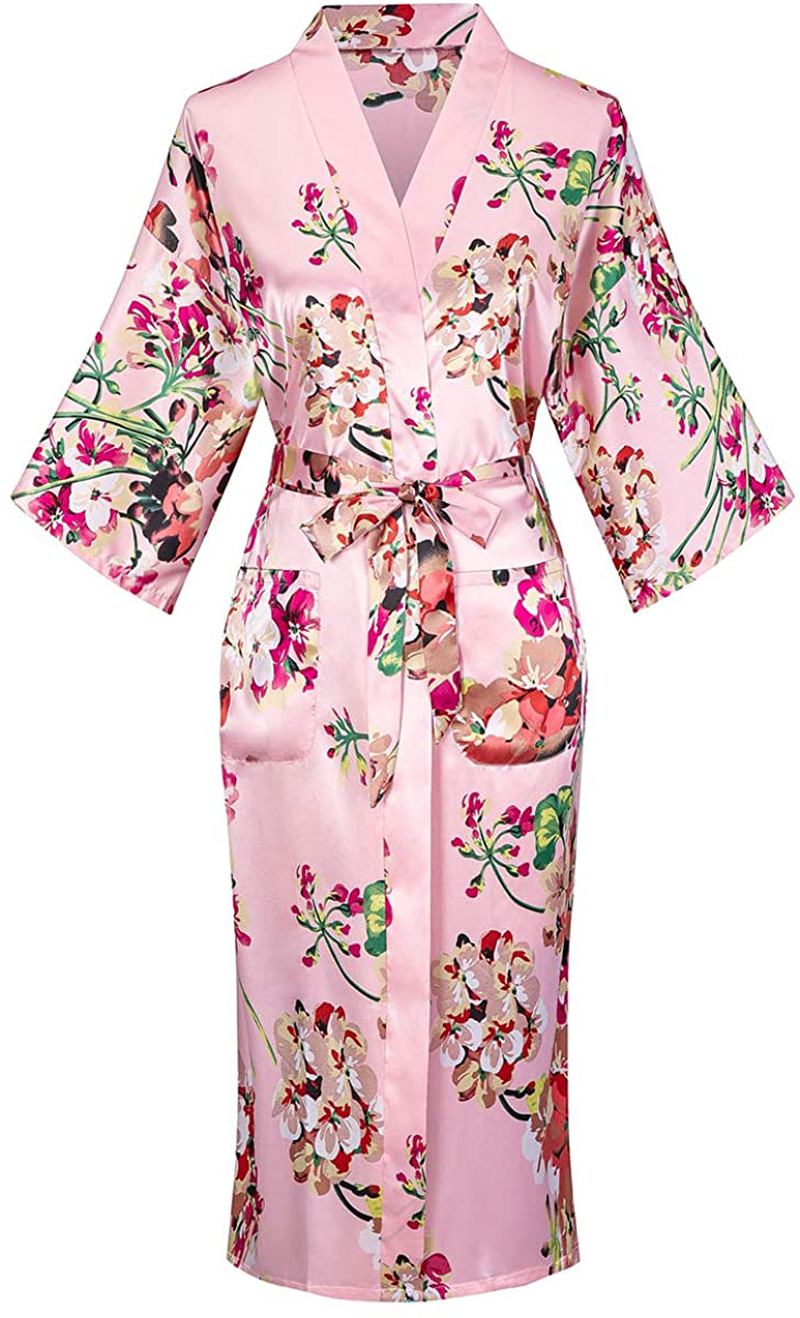 Dandychic Women'S Kimono Robes Lightweight Imitation Silk Sleepwear Long Lightweight Nightgown for Women Apparel & Accessories > Clothing > Sleepwear & Loungewear > Robes DandyChic Pink Flower Large 