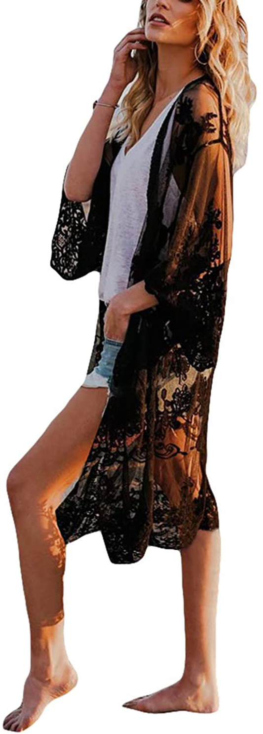 Bsubseach Women Sexy Lace Crochet Open Front Swimsuit Beach Long Kimono Cover Ups Apparel & Accessories > Clothing > Swimwear Kylie Max   