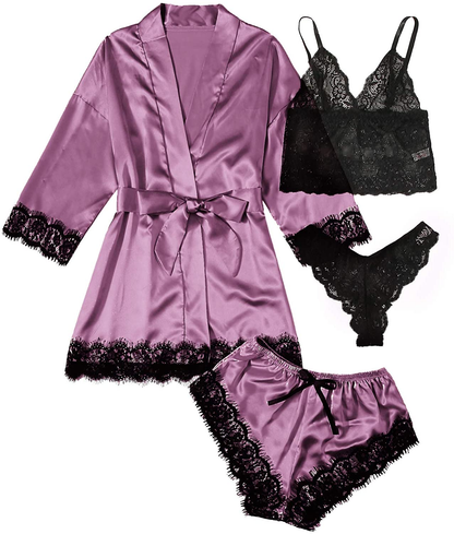 WDIRARA Women'S 4 Pieces Satin Floral Lace Cami Top Lingerie Pajama Set with Robe Apparel & Accessories > Clothing > Underwear & Socks > Lingerie WDIRARA Purple Black X-Small 