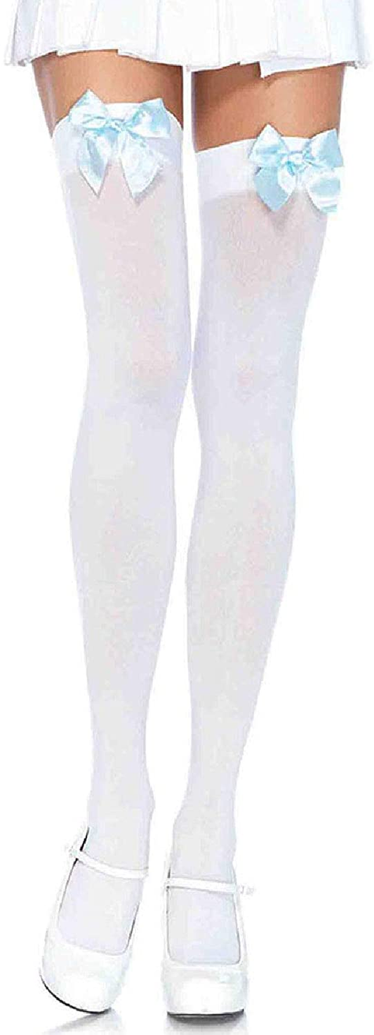 Leg Avenue Women'S Satin Bow Accent Thigh Highs Apparel & Accessories > Clothing > Underwear & Socks > Shapewear Leg Avenue White/Light Blue One Size 