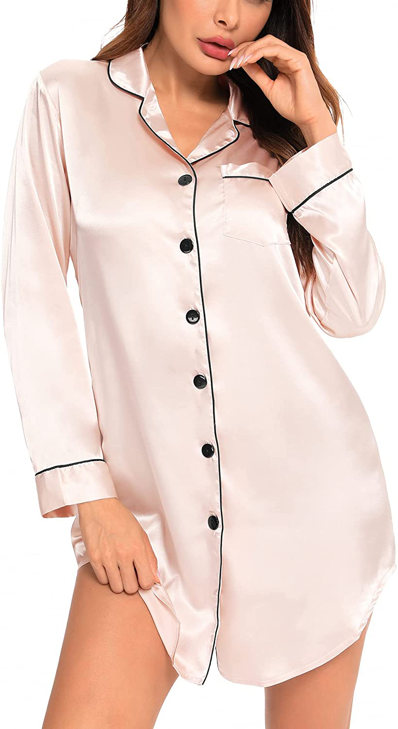 SWOMOG Women'S Satin Sleep Shirt Long Sleeve Sleepwear Silk Nightshirt Button down Pajama Top Apparel & Accessories > Clothing > Sleepwear & Loungewear > Nightgowns Kylie Max   