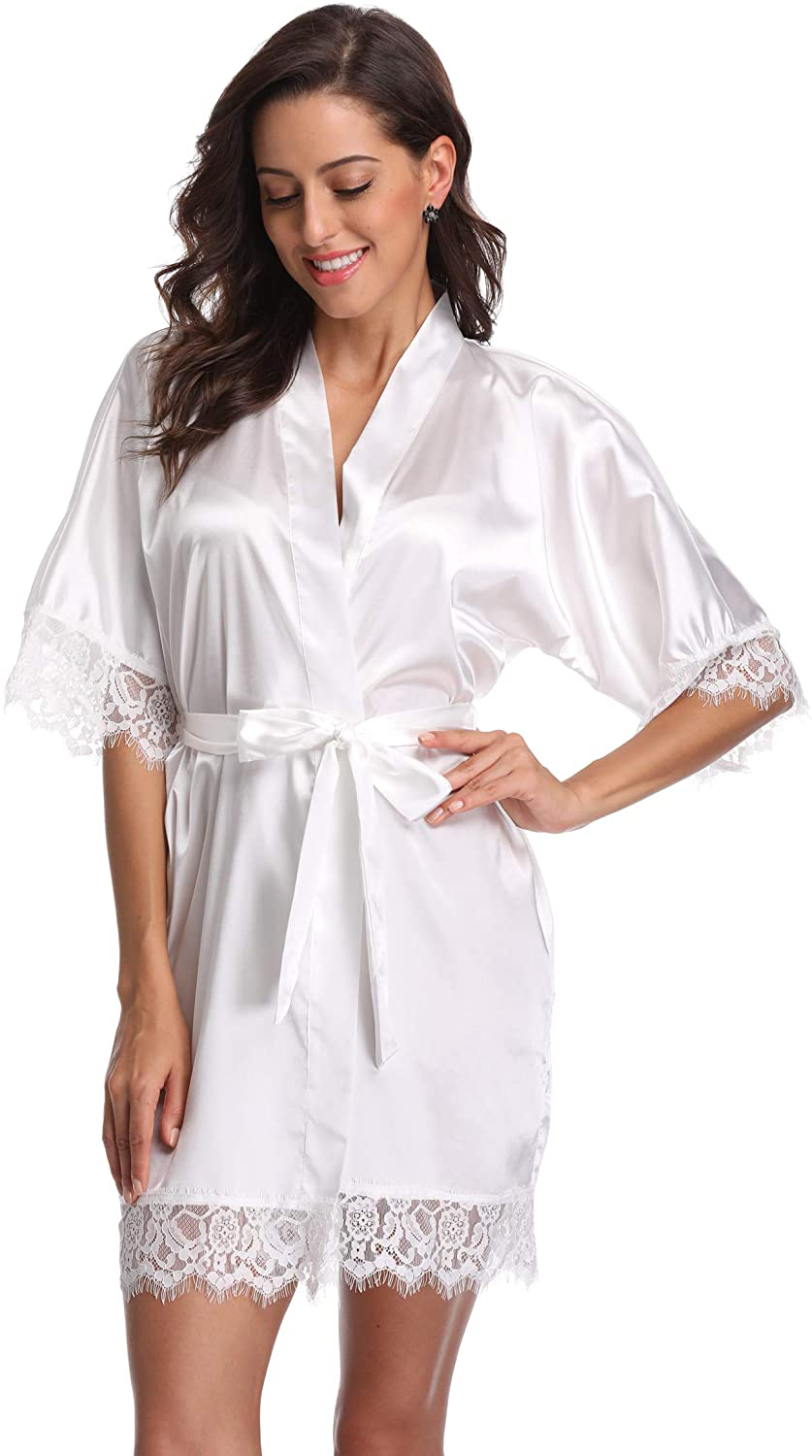 Original Kimono Women'S Lace-Trimmed Satin Short Kimono Robe Bathrobe Loungewear Apparel & Accessories > Clothing > Sleepwear & Loungewear > Robes Original Kimono   
