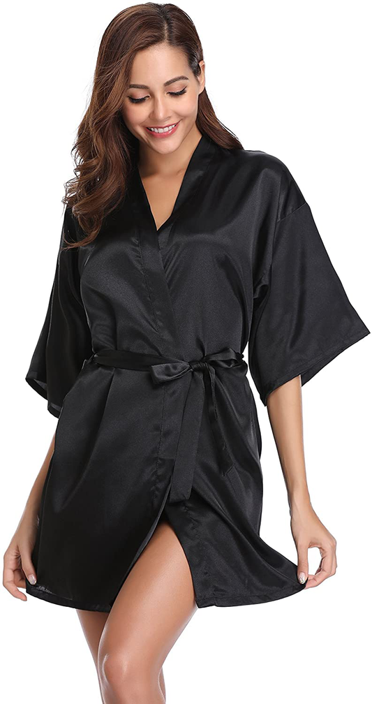 Vlazom Women'S Kimono Robes Short Satin Pure Color Bridal Party Robe with Oblique V-Neck Apparel & Accessories > Clothing > Sleepwear & Loungewear > Robes KYLIE MAX Black X-Large 