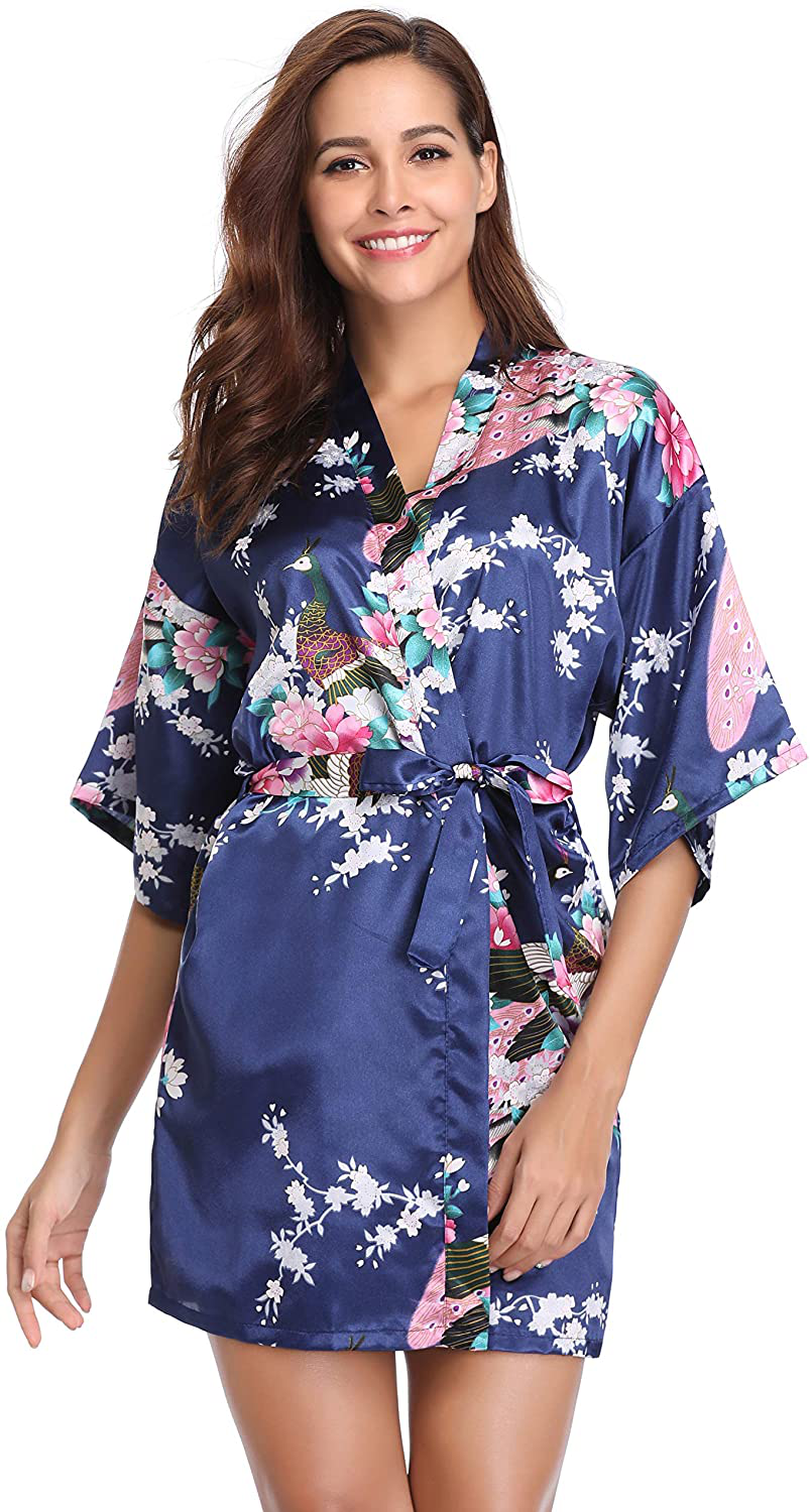 Vlazom Women'S Kimono Robes Short Satin Pure Color Bridal Party Robe with Oblique V-Neck Apparel & Accessories > Clothing > Sleepwear & Loungewear > Robes KYLIE MAX Y-dark Blue Floral Small 