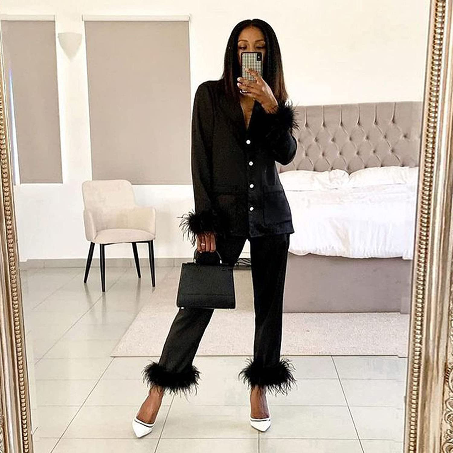 Women Pajamas Set Feather Long Sleeve Camis Tops+Long Pants 2 Piece Set Sleepwear Apparel & Accessories > Clothing > Sleepwear & Loungewear Kylie Max   