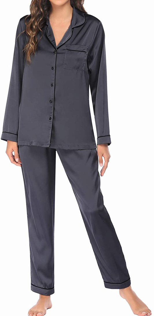 Ekouaer Satin Pajamas Women’S Long Sleeve Sleepwear Silk Soft Button down Loungewear Pjs Set S-XXL Apparel & Accessories > Clothing > Sleepwear & Loungewear > Pajamas Kylie Max   