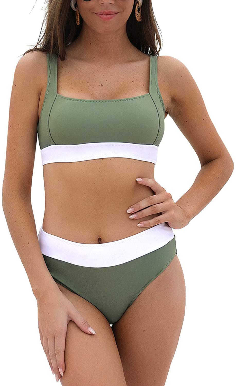 Blooming Jelly Women's High Waisted Swimsuit Crop Top Cut Out Two Piece Cheeky High Rise Bathing Suit Bikini Apparel & Accessories > Clothing > Swimwear Blooming Jelly Green & White Patchwork Large 