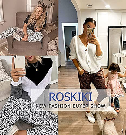 ROSKIKI Womens Leopard Drawstring Elastic Waist Sports Lounge Pants with Pockets Apparel & Accessories > Clothing > Activewear Kylie Max   