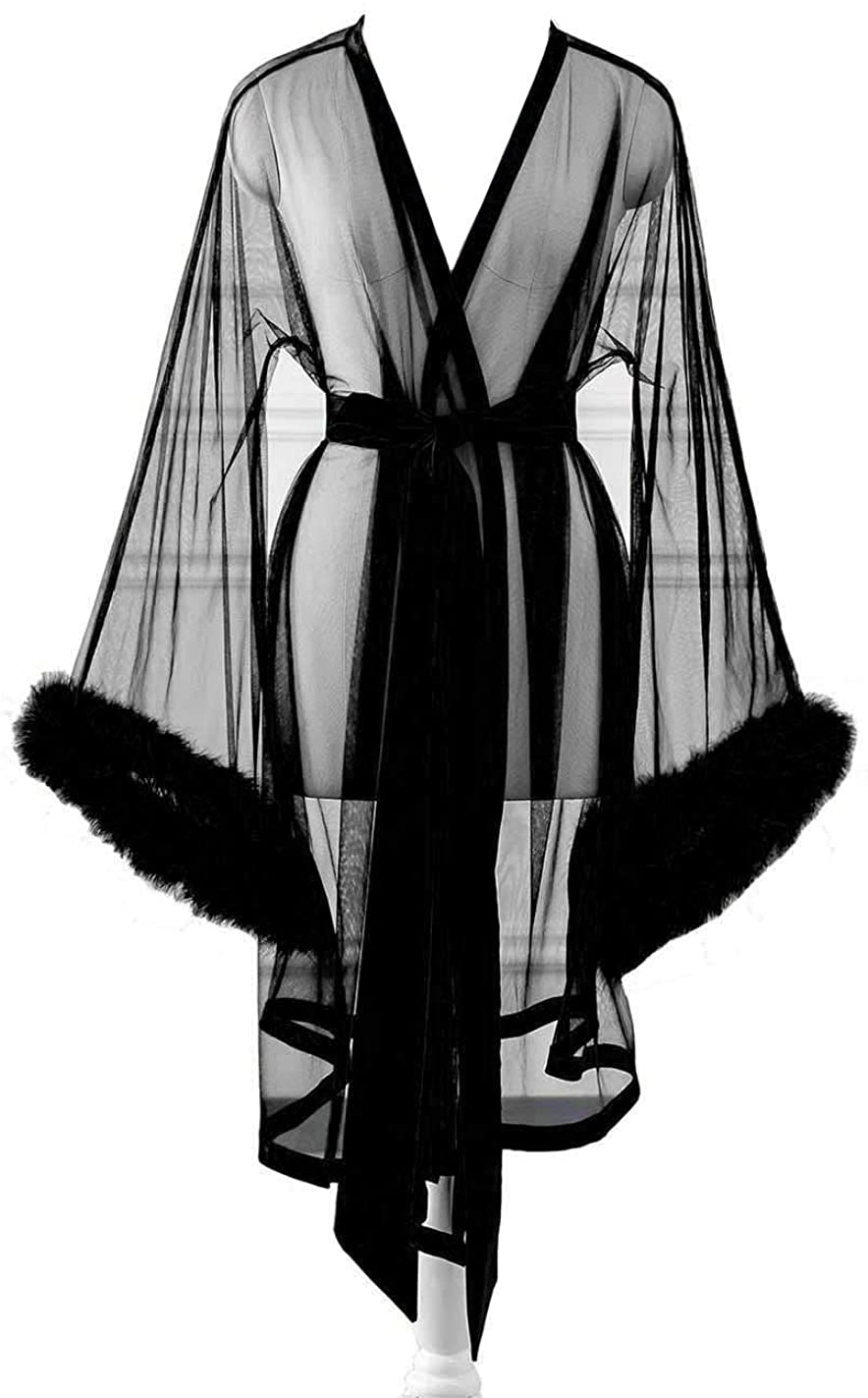 Changuan Sexy Illusion Long Lingerie Robe Nightgown Bathrobe Sleepwear Feather Bridal Robe Wedding Scarf Apparel & Accessories > Clothing > Sleepwear & Loungewear > Robes Changuan Short-black 4X-Large 