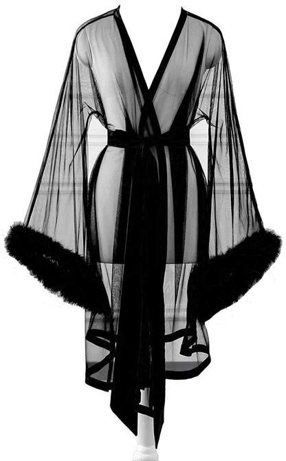 Changuan Sexy Illusion Long Lingerie Robe Nightgown Bathrobe Sleepwear Feather Bridal Robe Wedding Scarf Apparel & Accessories > Clothing > Sleepwear & Loungewear > Robes Changuan Short-black 4X-Large 