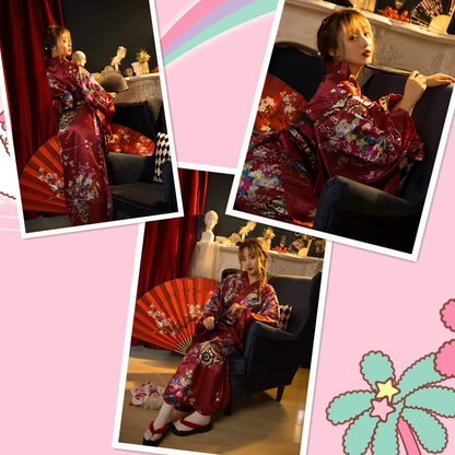 Japanese Anime Women'S Kimono Robe Geisha Yukata Sweet Dress Blossom Satin Bathrobe Sleepwear Fans Tabi Socks Set Apparel & Accessories > Clothing > Sleepwear & Loungewear > Robes Elibelle   
