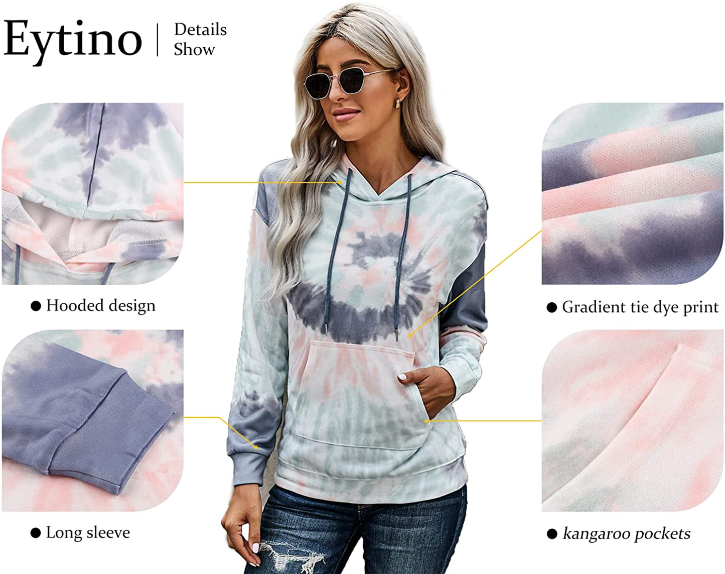 Eytino Women Hoodies Tops Tie Dye Printed Long Sleeve Drawstring Pullover Sweatshirts with Pocket(S-Xxl) Apparel & Accessories > Clothing > Activewear Kylie Max   