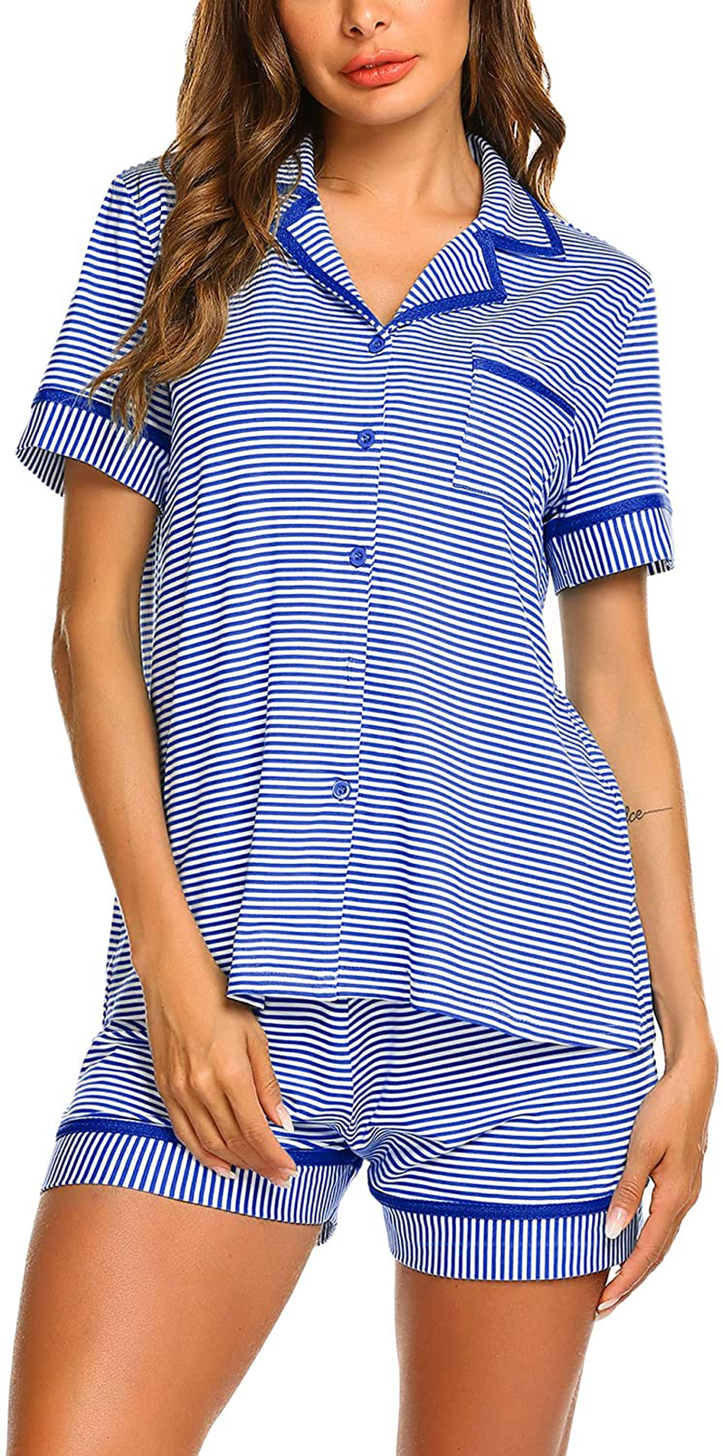 Ekouaer Pajamas Soft Striped Women's Short Sleeve Button Sleepwear Shorts Shirt PJ Set(S-XXL) Apparel & Accessories > Clothing > Sleepwear & Loungewear > Pajamas Ekouaer D-royal Blue Striped X-Large 