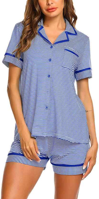 Ekouaer Pajamas Soft Striped Women's Short Sleeve Button Sleepwear Shorts Shirt PJ Set(S-XXL) Apparel & Accessories > Clothing > Sleepwear & Loungewear > Pajamas Ekouaer D-royal Blue Striped X-Large 