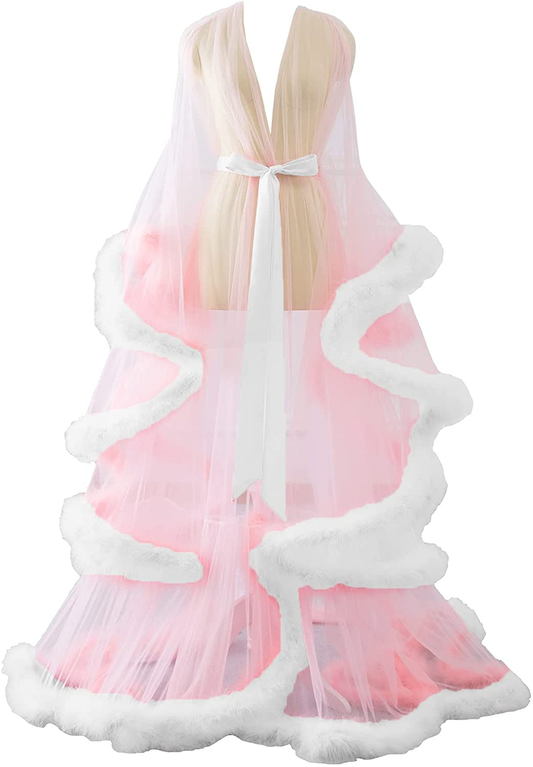 Changuan Sexy Illusion Long Lingerie Robe Nightgown Bathrobe Sleepwear Feather Bridal Robe Wedding Scarf Apparel & Accessories > Clothing > Dresses Changuan Blush +Pink Large-X-Large 