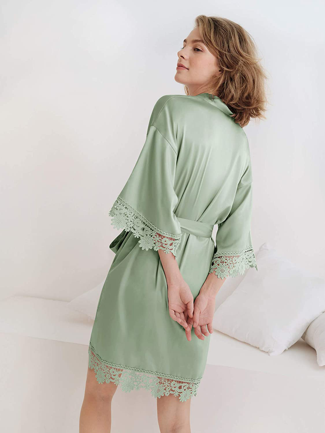 SIORO Women'S Satin Robe Lace Silk Kimono Robes Short for Bridesmaid Wedding Party Nightgown, Small~X-Large Apparel & Accessories > Clothing > Sleepwear & Loungewear > Robes KYLIE MAX   