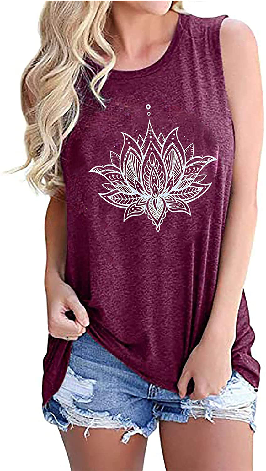 QIANRUO Lotus Flower Tank Top Women Meditation Yoga Shirts Casual Workout Muscle Tank Top Summer Sleeveless Graphic Tees Vest Apparel & Accessories > Clothing > Activewear Kylie Max   