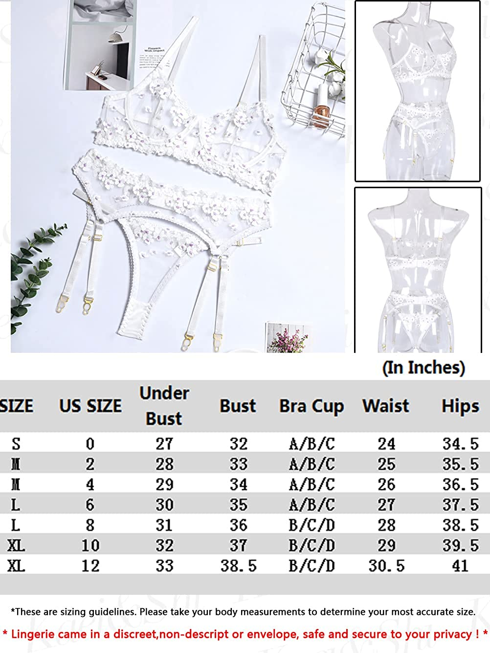 Kaei&Shi Embroidered Applique Lace Lingerie,Underwire Mesh Sheer Honeymoon Matching 3 Piece Lingerie Set Apparel & Accessories > Clothing > Underwear & Socks > Lingerie Kaei&Shi   