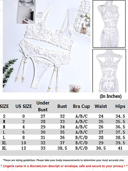 Kaei&Shi Embroidered Applique Lace Lingerie,Underwire Mesh Sheer Honeymoon Matching 3 Piece Lingerie Set Apparel & Accessories > Clothing > Underwear & Socks > Lingerie Kaei&Shi   