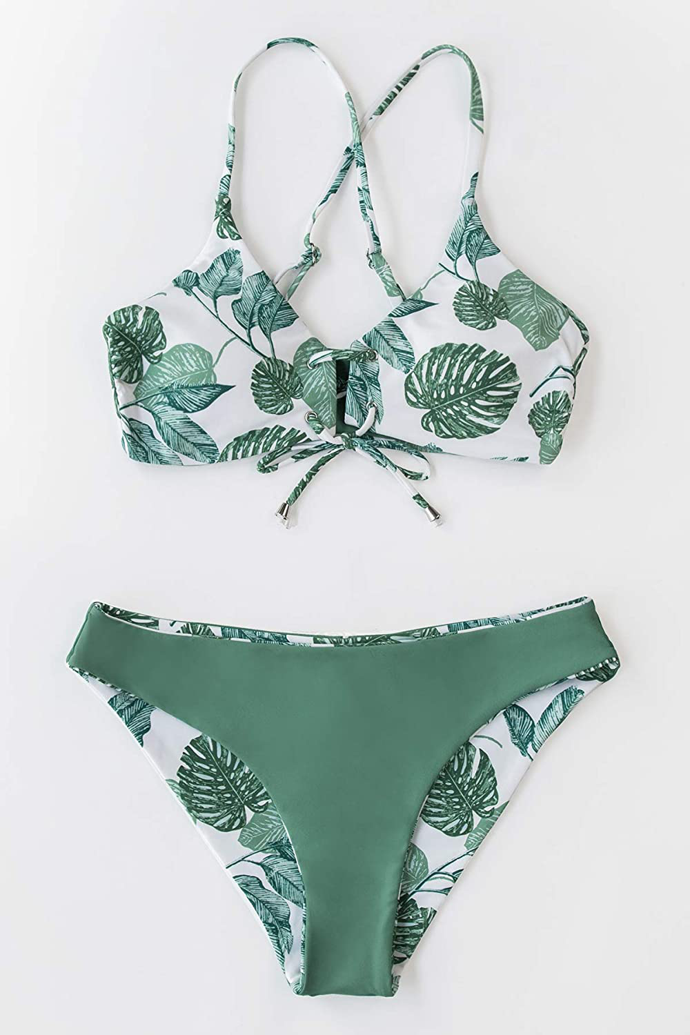CUPSHE Women's Reversible Lace Up Bikini Sets Floral and Striped Apparel & Accessories > Clothing > Swimwear KYLIE MAX   