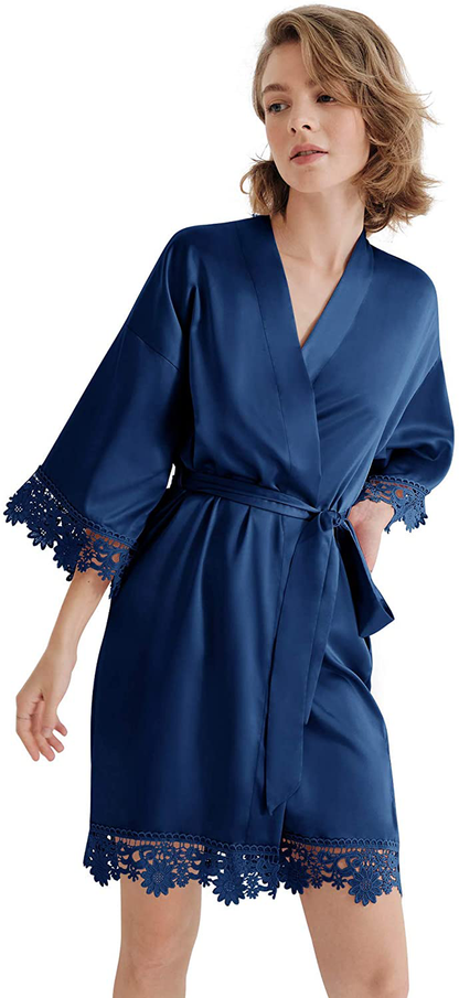SIORO Women'S Satin Robe Lace Silk Kimono Robes Short for Bridesmaid Wedding Party Nightgown, Small~X-Large Apparel & Accessories > Clothing > Sleepwear & Loungewear > Robes KYLIE MAX Navy Blue Medium 