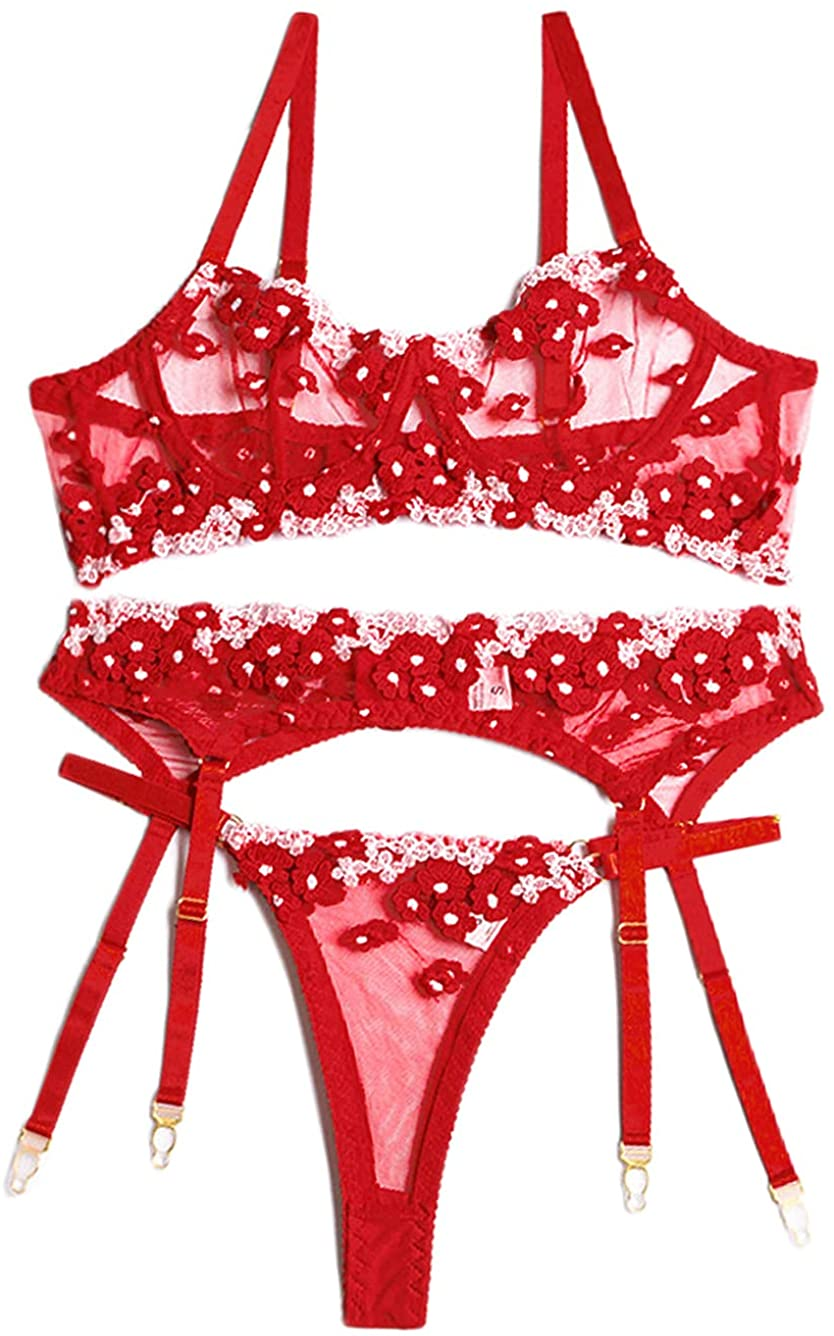 Kaei&Shi Embroidered Applique Lace Lingerie,Underwire Mesh Sheer Honeymoon Matching 3 Piece Lingerie Set Apparel & Accessories > Clothing > Underwear & Socks > Lingerie Kaei&Shi Red 2-4 