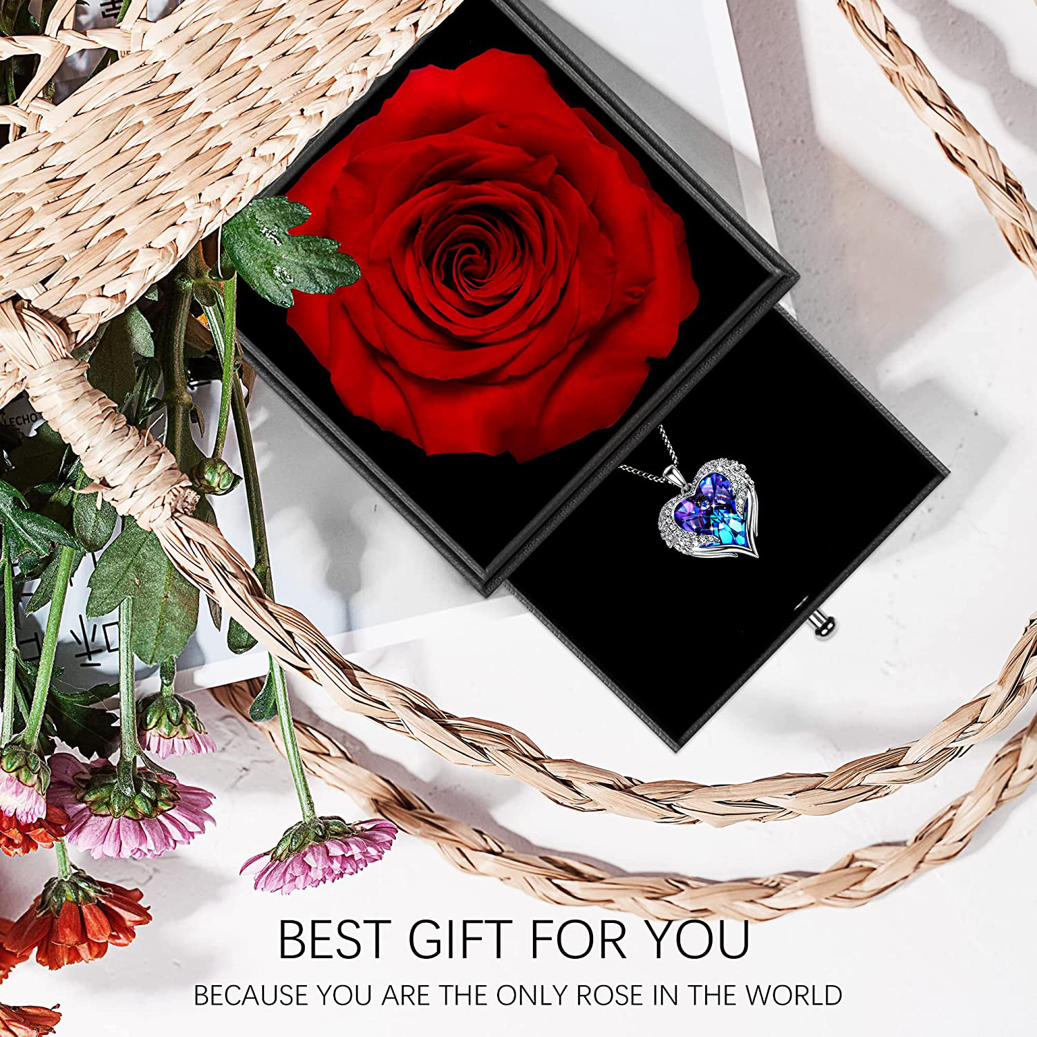 Preserved Real Rose with Angel Wings Necklaces for Women Enchanted Rose Flower Gifts for Mom Her Girlfriend Gifts Wife On Birthday Gifts for Women Anniversary Christmas Mothers Valentines Day (Red) Arts & Entertainment > Party & Celebration > Gift Giving NEWNOVE   