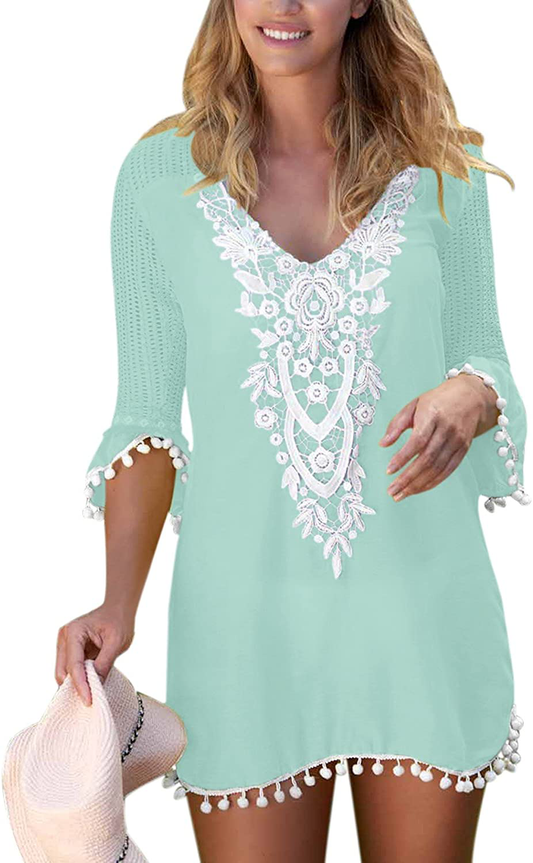 BLENCOT Women'S Crochet Chiffon Tassel Swimsuit Bikini Pom Pom Trim Swimwear Beach Cover Up Apparel & Accessories > Clothing > Swimwear Kylie Max   