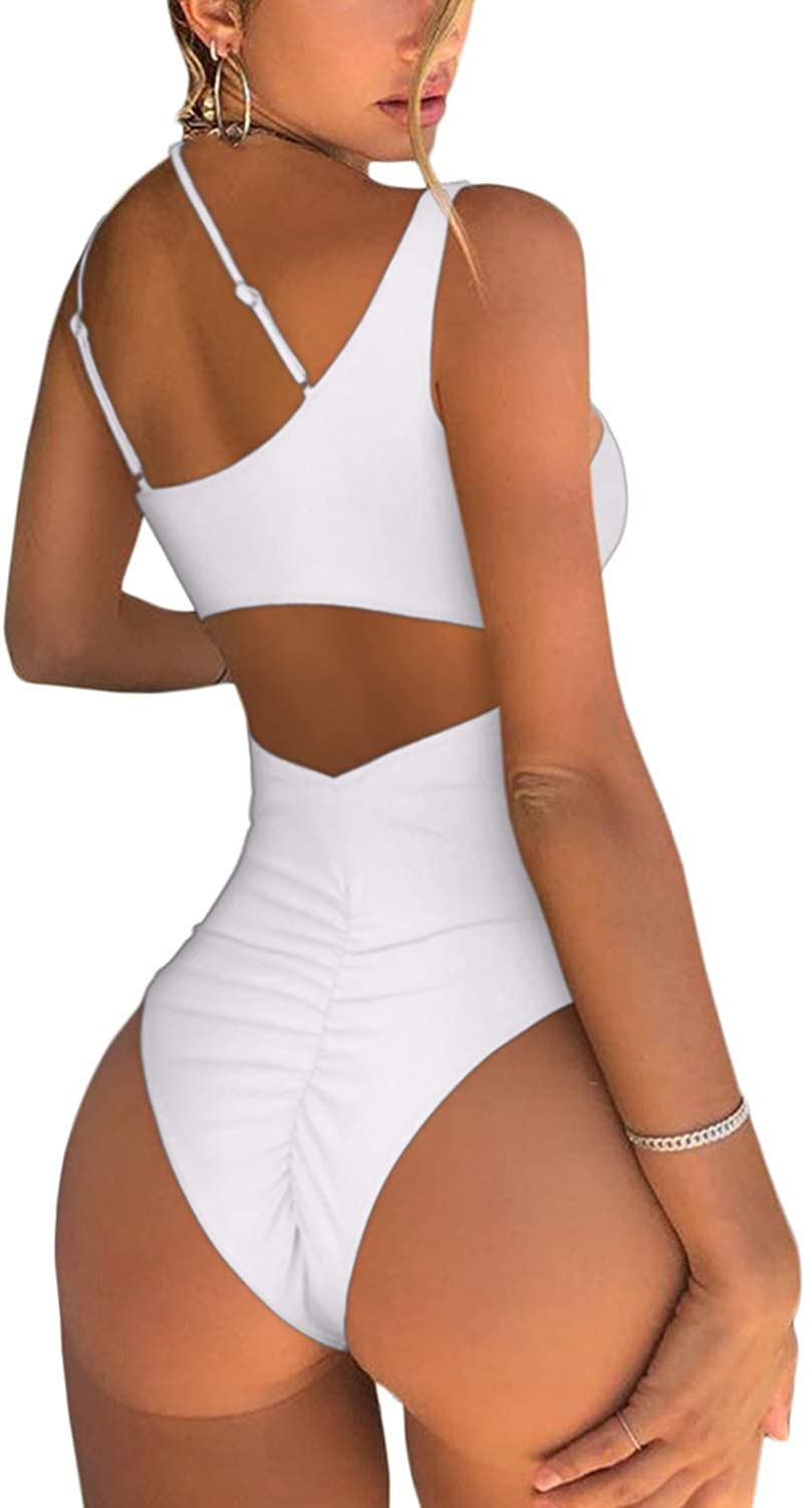 QINSEN Womens One Shoulder Cutout Ruched Back High Cut Monokini One Piece Swimsuit Apparel & Accessories > Clothing > Swimwear Kylie Max   