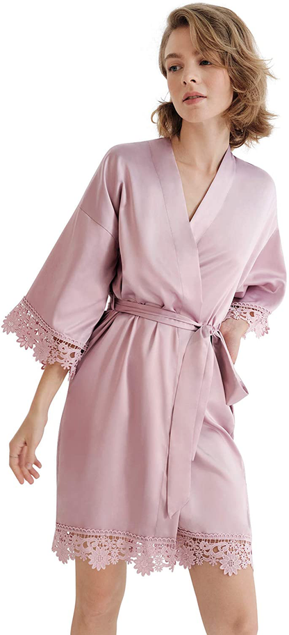 SIORO Women'S Satin Robe Lace Silk Kimono Robes Short for Bridesmaid Wedding Party Nightgown, Small~X-Large Apparel & Accessories > Clothing > Sleepwear & Loungewear > Robes KYLIE MAX Dusty Rose Small 