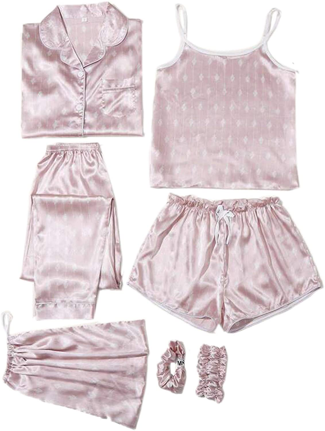 SheIn Women's 7pcs Pajama Set Cami Pjs with Shirt and Eye Mask Apparel & Accessories > Clothing > Sleepwear & Loungewear > Pajamas SheIn Dusty Pink X-Large 