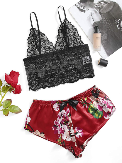 SOLY HUX Women'S Lace Sheer Cami Top with Satin Shorts Pajama Set Sleepwear Apparel & Accessories > Clothing > Sleepwear & Loungewear Kylie Max   