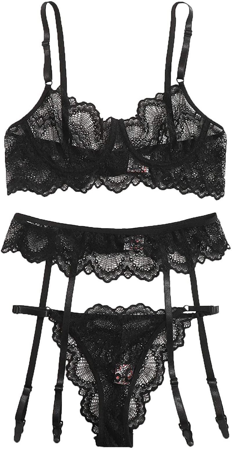 Shein Women'S 3 Piece Floral Lace Lingerie Set with Garter Belts Sexy Bra and Panty Apparel & Accessories > Clothing > Underwear & Socks > Lingerie SheIn   