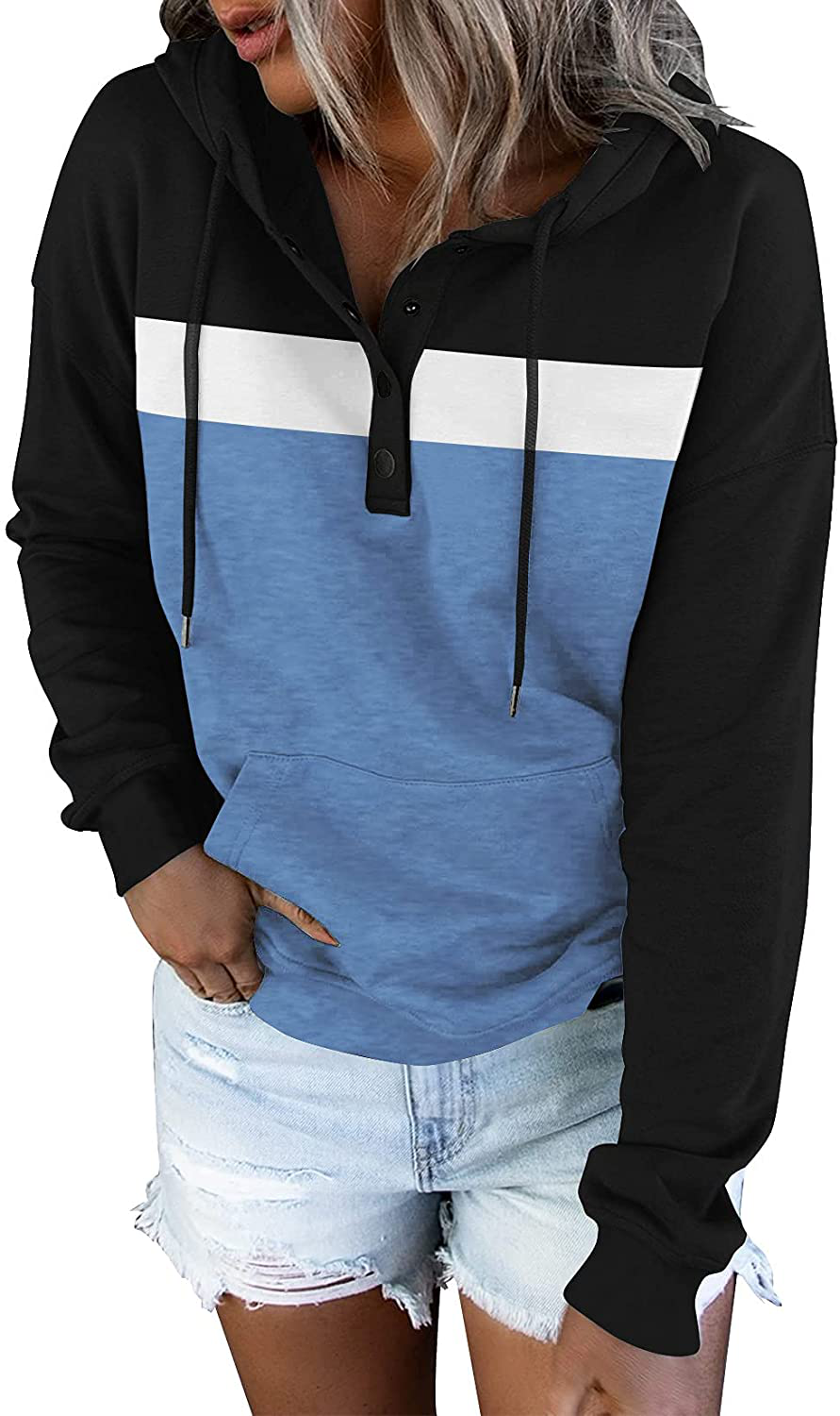Women'S Casual Color Block Hoodies Long Sleeve Tops Button down Drawstring Pullover Sweatshirts with Pocket Apparel & Accessories > Clothing > Activewear Kylie Max   