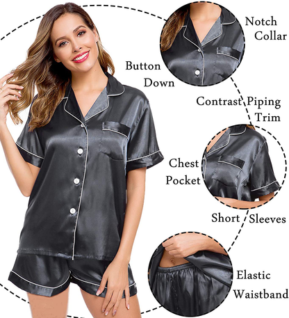 Lecgee Womens Silk Satin Pajamas Short Sleeve Loungewear Two-Piece Sleepwear Button-Down Pj Set Apparel & Accessories > Clothing > Sleepwear & Loungewear > Pajamas Kylie Max   