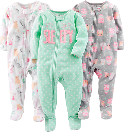 Simple Joys by Carter'S Toddler and Baby Girls' Loose Fit Fleece Footed Pajamas, Pack of 3 Apparel & Accessories > Clothing > Underwear & Socks > Lingerie Simple Joys by Carter's Owl/Cat/Dots 5T 