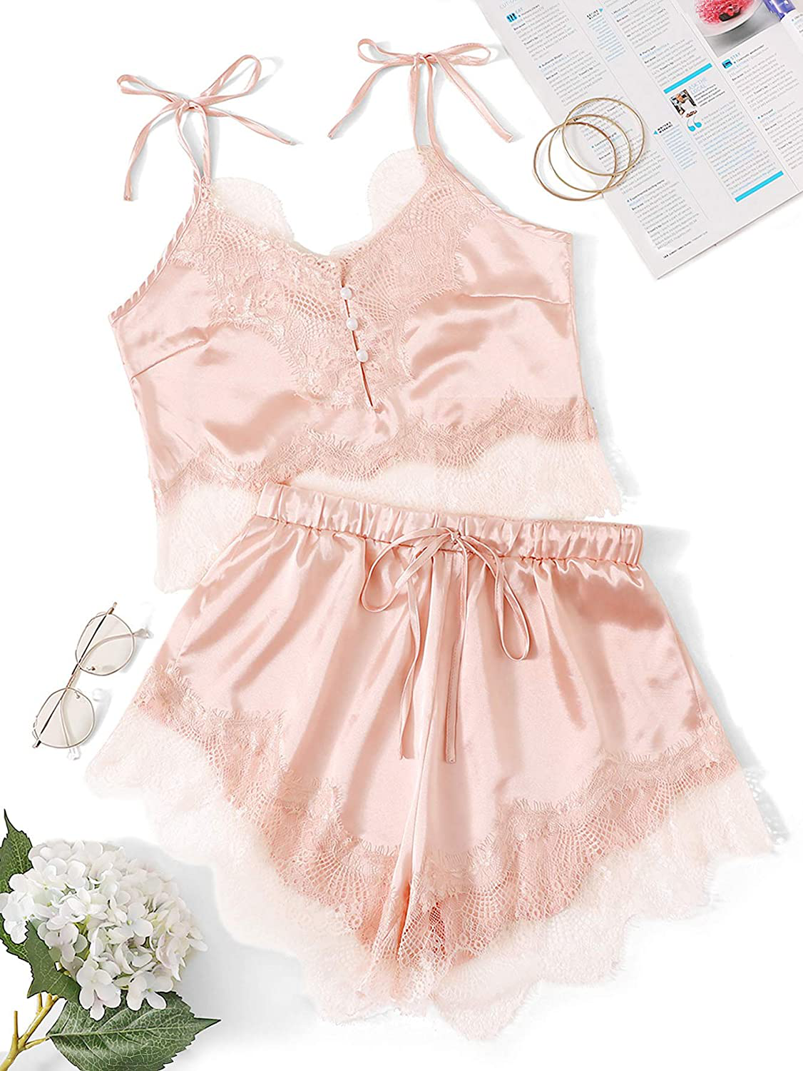 DIDK Women'S Lace Trim Bralette Shorts Pajama Set Lingerie Nightwear Apparel & Accessories > Clothing > Sleepwear & Loungewear Kylie Max   