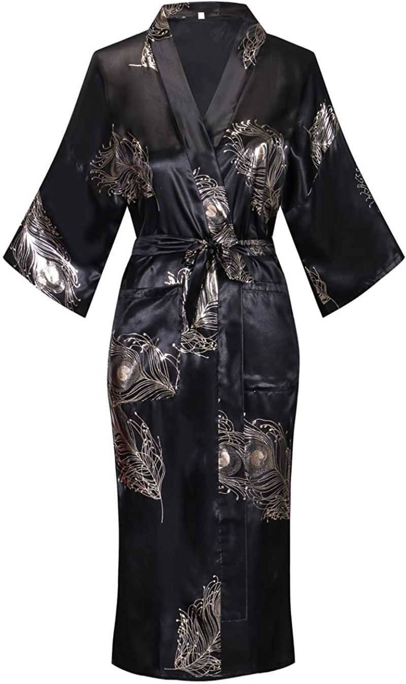 Valennia Floral Pattern Kimono Robe Long Bathrobe for Women Apparel & Accessories > Clothing > Sleepwear & Loungewear > Robes Valennia Black and Feather Small 