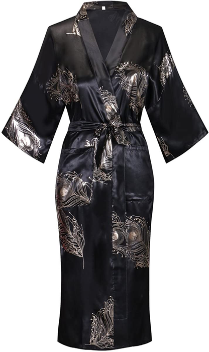 Valennia Floral Pattern Kimono Robe Long Bathrobe for Women Apparel & Accessories > Clothing > Sleepwear & Loungewear > Robes Valennia Black and Feather Small 