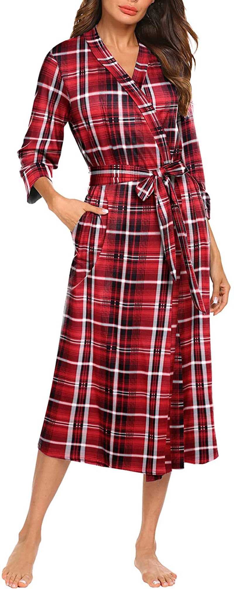 MAXMODA Women Kimono Robes Long Knit Bathrobe Soft Robe Casual Ladies Loungewear S-3XL Apparel & Accessories > Clothing > Sleepwear & Loungewear > Robes MAXMODA Red White Grid XX-Large 