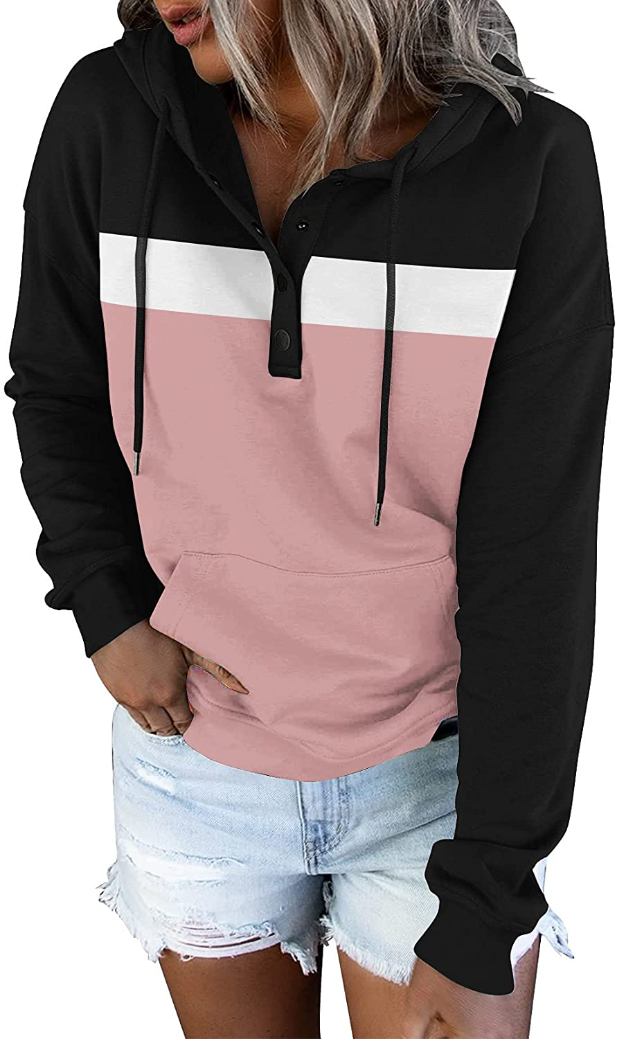 Women'S Casual Color Block Hoodies Long Sleeve Tops Button down Drawstring Pullover Sweatshirts with Pocket Apparel & Accessories > Clothing > Activewear Kylie Max   