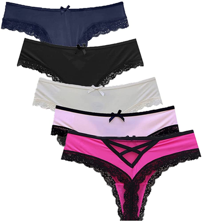 Gefyvuxrm Womens Cheeky Lingerie Underwear Lace Trim Panties Sexy Hipster 5 Pack Apparel & Accessories > Clothing > Underwear & Socks > Underwear AIDOVEI Thongs- 5 Pack Medium 