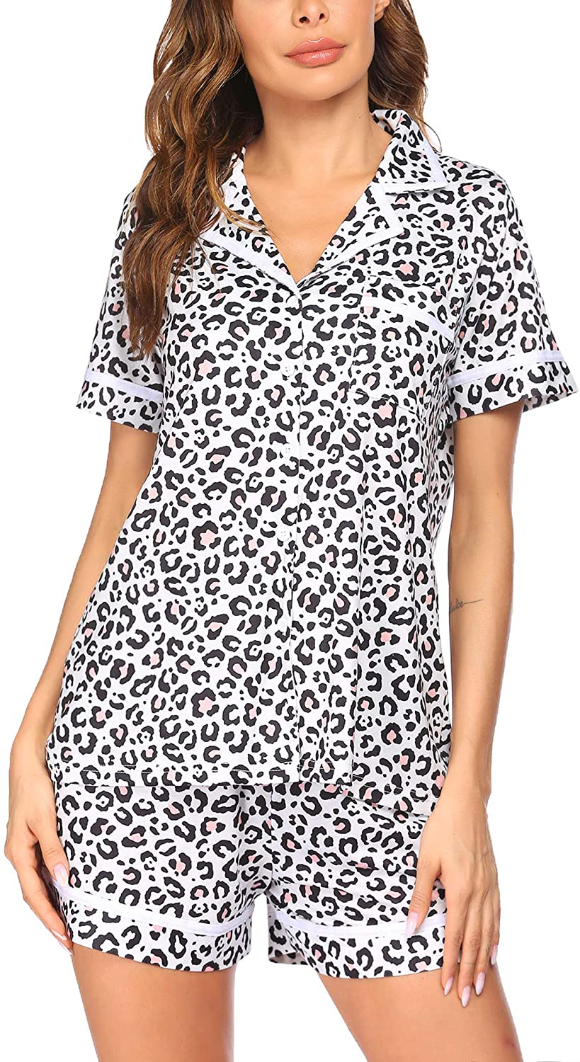 Ekouaer Pajamas Soft Striped Women's Short Sleeve Button Sleepwear Shorts Shirt PJ Set(S-XXL) Apparel & Accessories > Clothing > Sleepwear & Loungewear > Pajamas Ekouaer C-white Leopard X-Large 