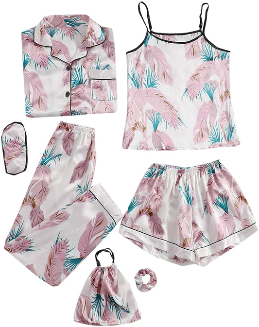 DIDK Women'S Satin 7Pcs Pajama Set Cami Pjs with Shirt and Eye Mask Sleepwear Apparel & Accessories > Clothing > Sleepwear & Loungewear Kylie Max   